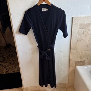 Eliza J Navy Midi Dress with Tie Waist